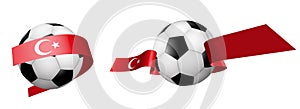 Balls for soccer, classic football in ribbons with colors of Turkish flag. Design element for football competitions. Turkish