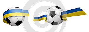 Balls for soccer, classic football in ribbons with the colors of Ukrainian flag. Design element for football competitions.