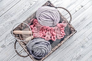 Balls of super chunky merino woolen yarn