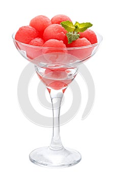 Balls of watermelon in a glass Cremant. Isolated