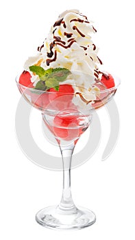 Balls of watermelon in a glass Cremant with whipped cream and to