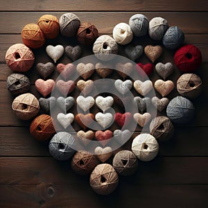 Balls wool colored yarn for hand knitting and crochet in shape heart on wooden background