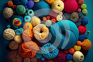 Balls of yarn brihgt colors. backdrop from skeins of yarn. Knitting needlework background