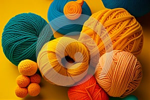 Balls of yarn brihgt colors. backdrop from skeins of yarn. Knitting needlework background