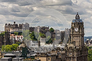 Balmoral Clock Tower and Castle from Calton Hill, Edinburgh, Scotland, UK.