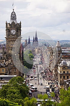 Balmoral Clock Tower and Princes street in Edinburg, Scotland