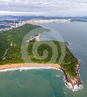 Balneario Camboriu in Santa Catarina. Taquaras Beach and Laranjeiras Beach in Balneario Camboriu. Aerial view in landscape