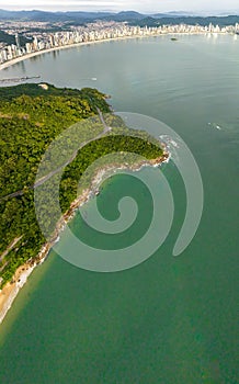 Balneario Camboriu in Santa Catarina. Taquaras Beach and Laranjeiras Beach in Balneario Camboriu. Aerial view in landscape