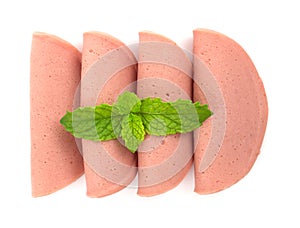 Baloney sausage on white background