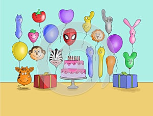 Baloon suround birthday cake illustration