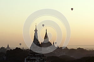 Baloons over Bagan temples in Myanmar (Burma)