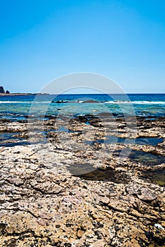 Balos beach. View from Gramvousa Island, Crete in Greece.Magical turquoise waters, lagoons, beaches of pure white sand.