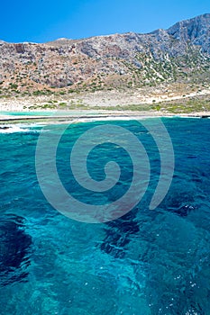 Balos beach. View from Gramvousa Island, Crete in Greece. Magical turquoise waters, lagoons, beaches of pure white sand.