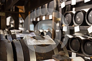 Balsamic vinegar wooden barrels storing and aging