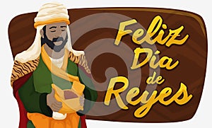 Balthazar Magi with Myrrh Celebrating Epiphany or DÃ­a de Reyes, Vector Illustration