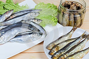 Raw, smoked, preserved in cooking oil baltic herring close-up