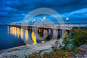 Baltic pier in Gdynia Orlowo at dusk, Poland