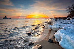 Baltic Sea beach in Babie Doly at sunrise. Gdynia, Poland