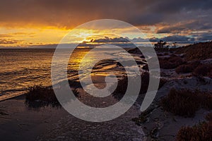 Baltic Sea coast with sunset on the island Moen in Denmark