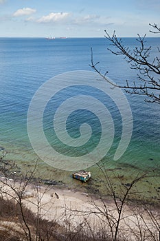 Baltic Sea and collapsed old bunker in Orlowo, Gdynia, Poland