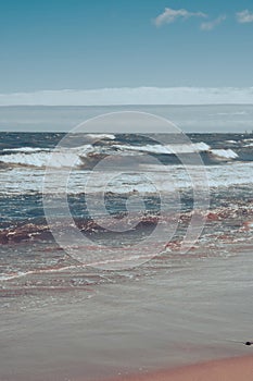 Baltic sea Dark blue clouds and sea or ocean water surface with foam waves before storm, dramatic seascape background