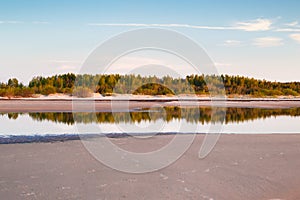 Baltic sea, perfect reflection, forest during sunset