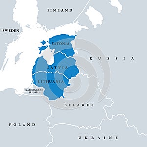The Baltic States or the Baltic countries, political map of the Baltics