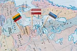 The Baltic states map with flag pins