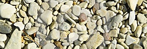 Baltick Sea beach. Natural small pebbles on the rocky seashore, panorama. can be usedas texture or backround.