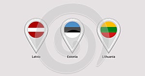 The Baltics flags map pins isolated icons vector illustration. Lithuania, Estonia, Latvia national symbols stickers