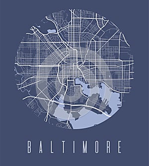 Baltimore map poster. Decorative design street map of Baltimore city, cityscape aria panorama