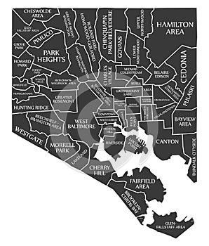 Baltimore Maryland city map USA labelled black illustration