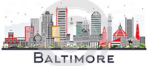 Baltimore Maryland City Skyline with Gray Buildings Isolated on