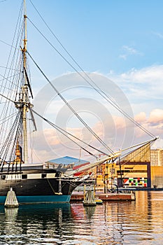 Baltimore, Maryland, US - September 4, 2019 View of Baltimore Harbor with USS Constellation Ship and office buildings