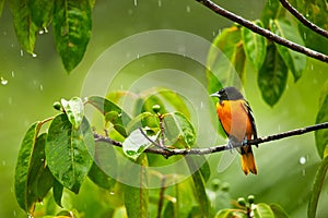 Baltimore Oriole, Icterus galbula on the branch in the rain.