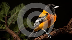 A Baltimore Oriole perched on a slender branch its bright eyes gleaming photo