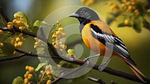 A Baltimore Oriole perched on a slender branch its bright eyes gleaming photo
