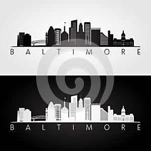 Baltimore USA skyline and landmarks silhouette