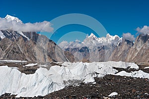 Baltoro glacier surrounded by Karakoram mountains range in K2 base camp trekking route, Gilgit Baltistan