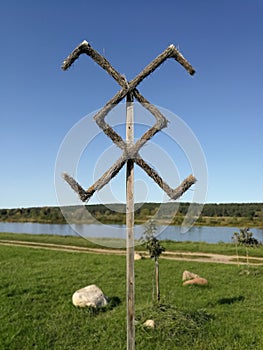 Balts symbol made from hey in front nature of Lithuania