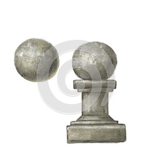 Baluster and a ball of plaster or stone. architectural element. The decoration is isolated on a white background.