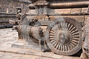 Balustrade, carved elephant and Shiva`s chariot at entrance to Airavatesvara Temple, Darasuram, Tamil Nadu, India