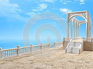 Balustrade with columns, stairway and arches near the sea 3D rendering