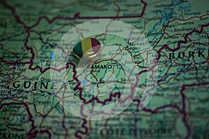 Bamako pinned on a map with the flag of Mali