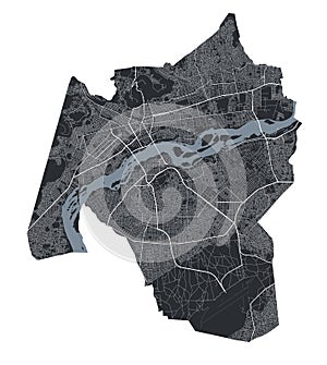 Bamako vector map. Detailed black map of Bamako city poster with roads. Cityscape urban vector