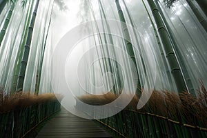 Bambbo forest with foggy mysterious atmosphere, created with generative AI technology