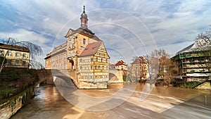 Bamberg. View of Old Town Hall of Bamberg with two bridges over the Regnitz river, Bavaria, Germany