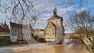 Bamberg. View of Old Town Hall of Bamberg with two bridges over the Regnitz river, Bavaria, Germany