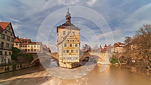 Bamberg. View of Old Town Hall of Bamberg with two bridges over the Regnitz river, Bavaria, Germany