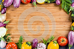 Bamboe plate with copy space, restautant concept with fresh organic vegetables - round courgette, small eggplants, tomatoes, diet